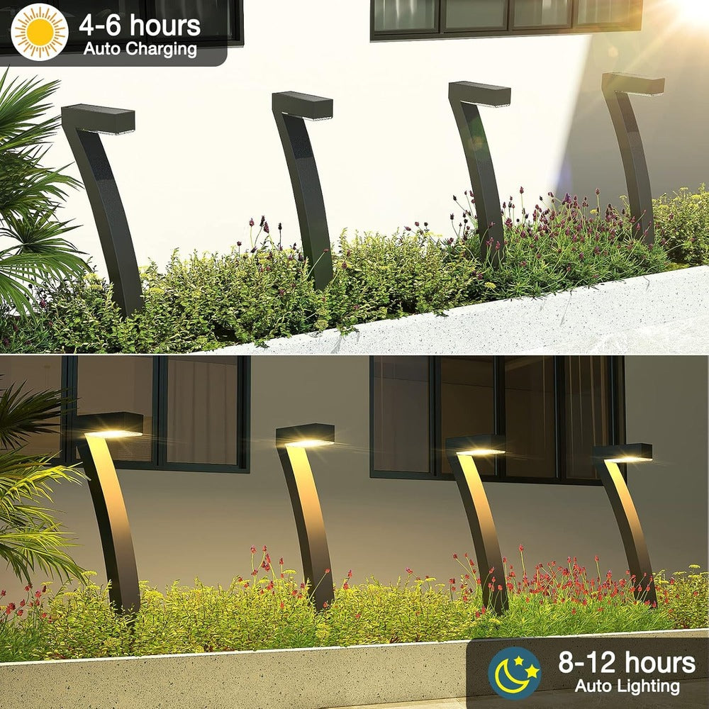 Lampes solaires éclairant une allée de jardin au crépuscule, lumière extérieure pour ambiance chaleureuse.