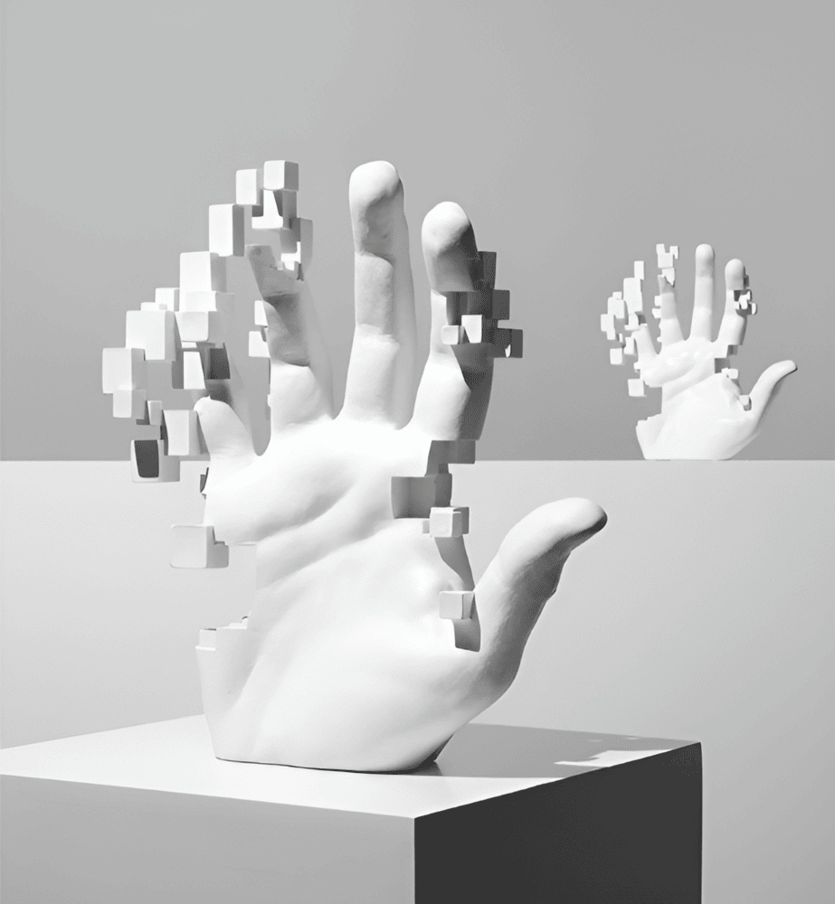 Statue de main abstraite en résine avec mosaïque colorée, parfaite pour décoration moderne de salon.