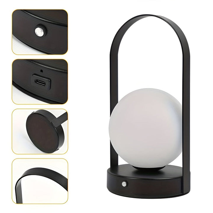 Lampe de table LED moderne avec un globe lumineux. Sans fil, dimmable et rechargeable pour décoration intérieure.