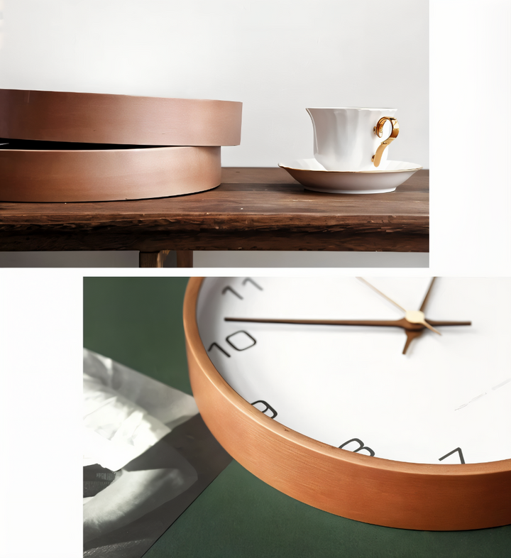 Horloge décorative ronde en bois, silencieuse, design scandinave pour intérieur.