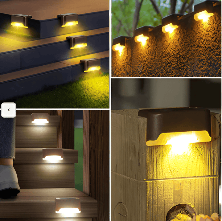 Éclairage LED solaire compact pour escaliers et clôtures, résistant à l'eau, ambiance douce.