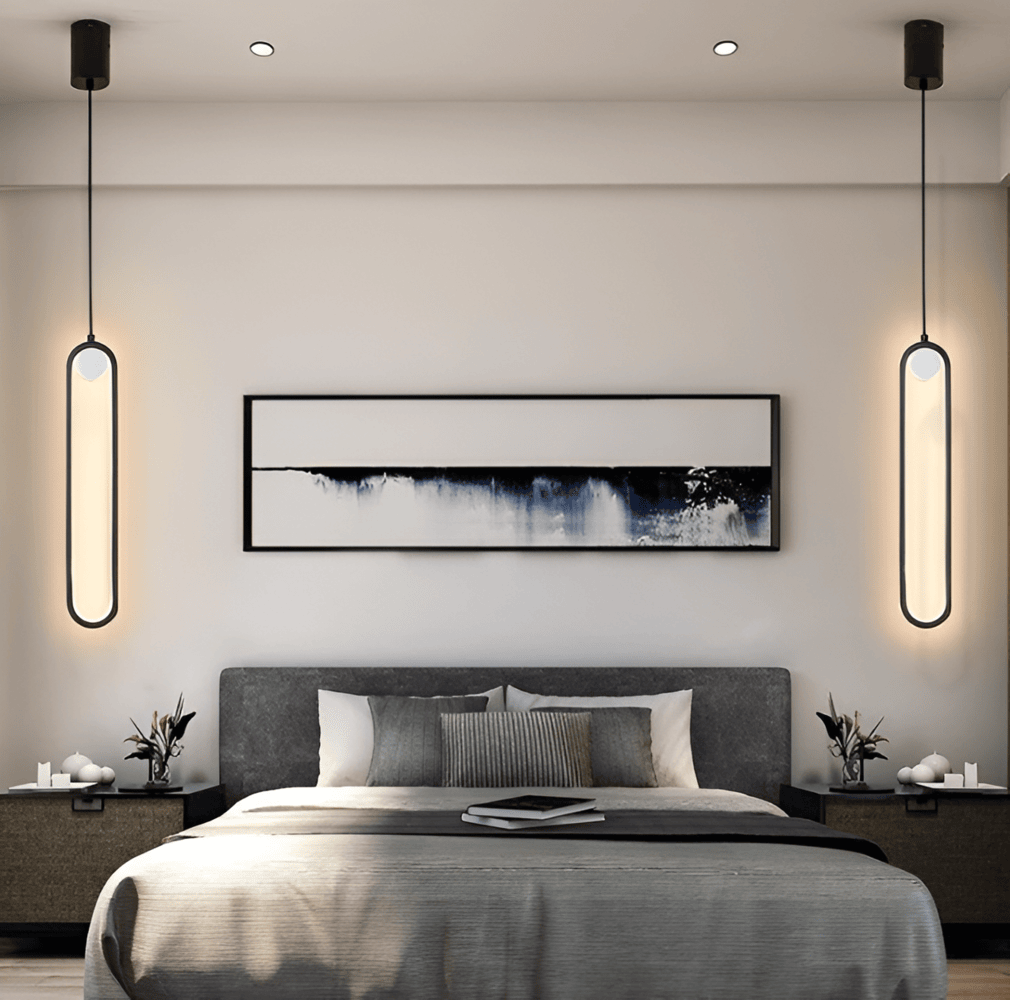 Plafonnier LED élancé noir/or, design minimaliste moderne pour salon élégant. Éclairage d'ambiance.