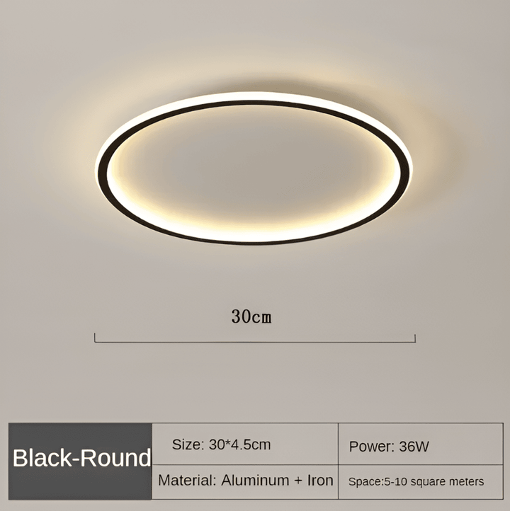 Plafonnier LED rond fixé au plafond, diffusant un éclairage homogène, moderne et économe en énergie.