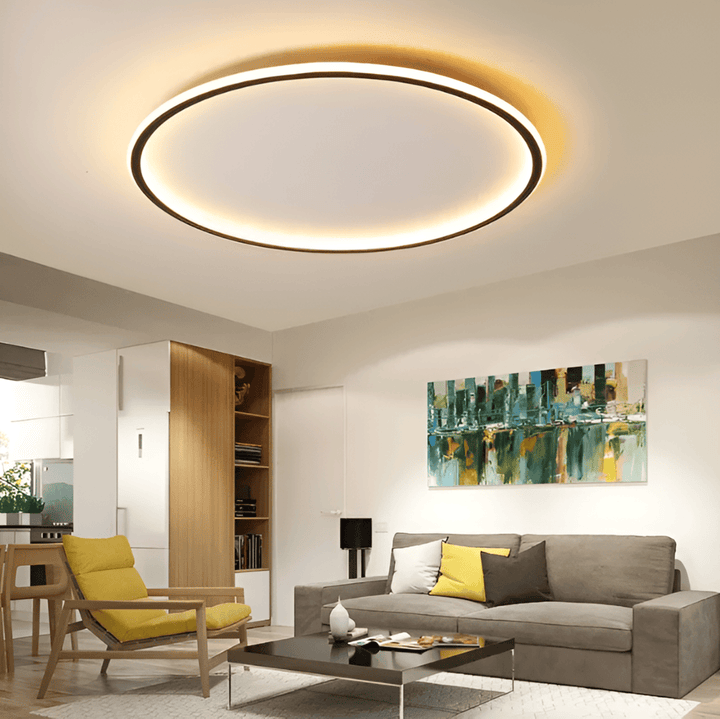 Plafonnier LED rond élégant, offrant un éclairage moderne et dimmable, idéal pour toute pièce intérieure.