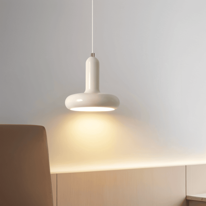Lampe LED macaron, design Bauhaus moderne, éclairage chaleureux salle à manger.