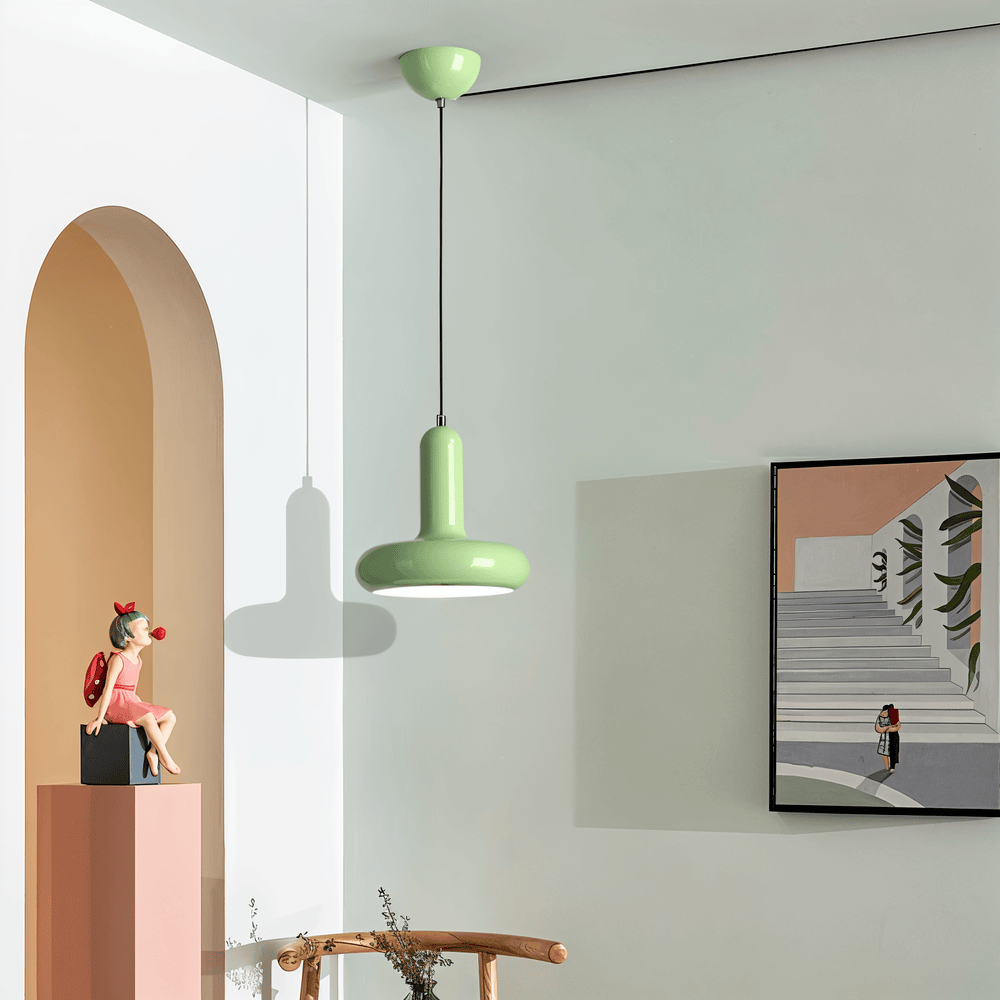 Suspension macaron multicolore, touche décoration intérieure loft, lumière douce.