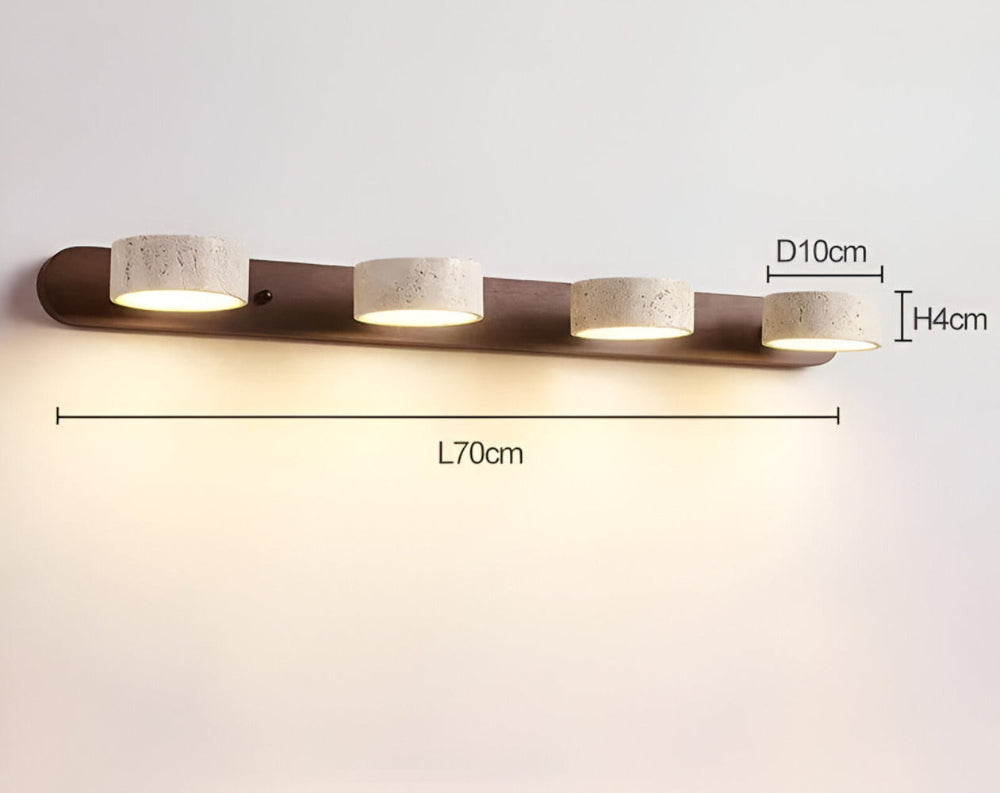 Applique murale LED ronde, matériaux naturels: bois et travertin, pour une ambiance apaisante.