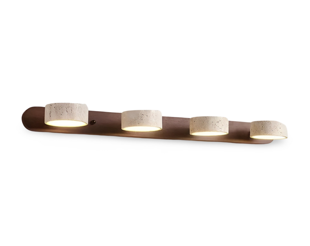Moderne et naturel: Applique murale LED ronde en bois et pierre, éclairage intérieur sophistiqué.