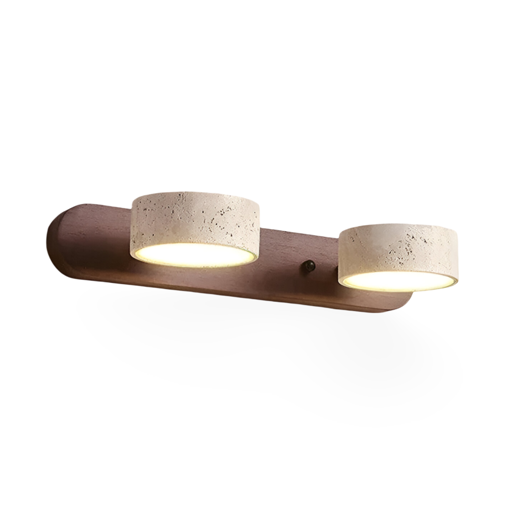 Décoration intérieure: Applique murale LED ronde en bois et travertin, lumière indirecte.