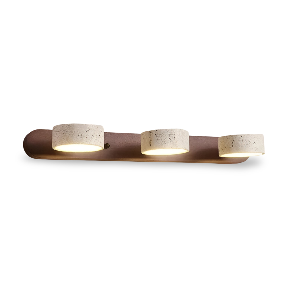 Applique murale LED ronde, bois clair et pierre pour un éclairage chaleureux et design.