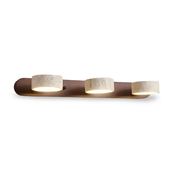Applique murale LED ronde, bois clair et pierre pour un éclairage chaleureux et design.