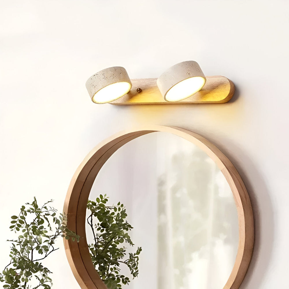 Applique murale LED ronde en bois et travertin pour salon moderne, éclairage chaleureux.