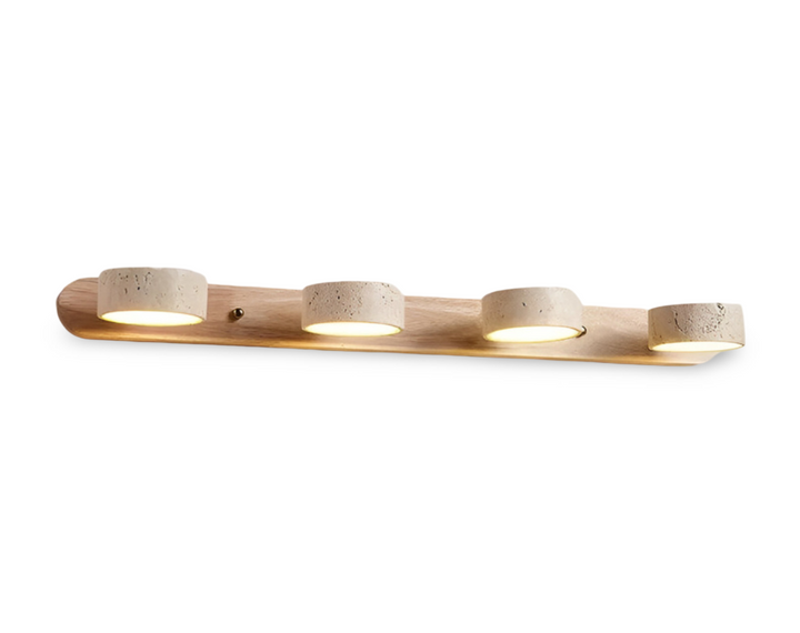 Applique murale LED ronde bois-travertin, éclairage d'ambiance pour salon et chambre.