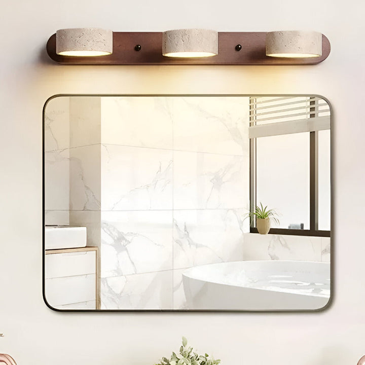 Éclairage intérieur: Applique LED ronde en bois et travertin, idéale pour chambre.