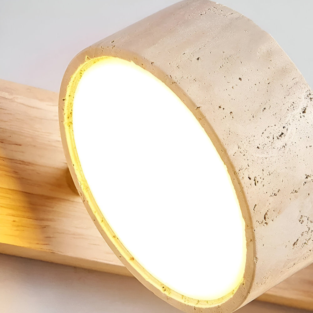 Applique murale moderne LED, ronde, avec détails en bois et pierre pour un look unique.