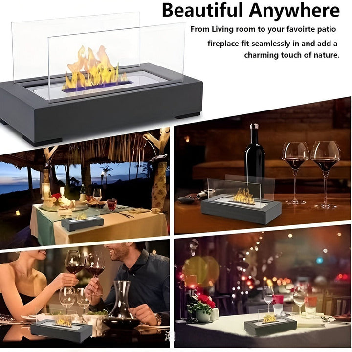 Cheminée de table portable bioéthanol, facile à déplacer, foyer intérieur ou extérieur pour une ambiance cosy.
