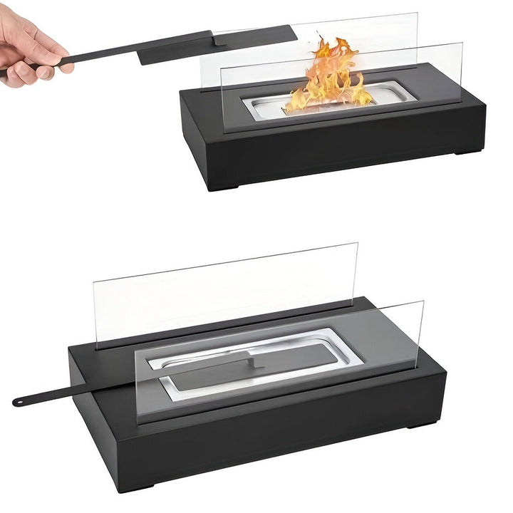 Cheminée bioéthanol de table rectangulaire portable, design moderne, flamme sans fumée pour intérieur/extérieur.