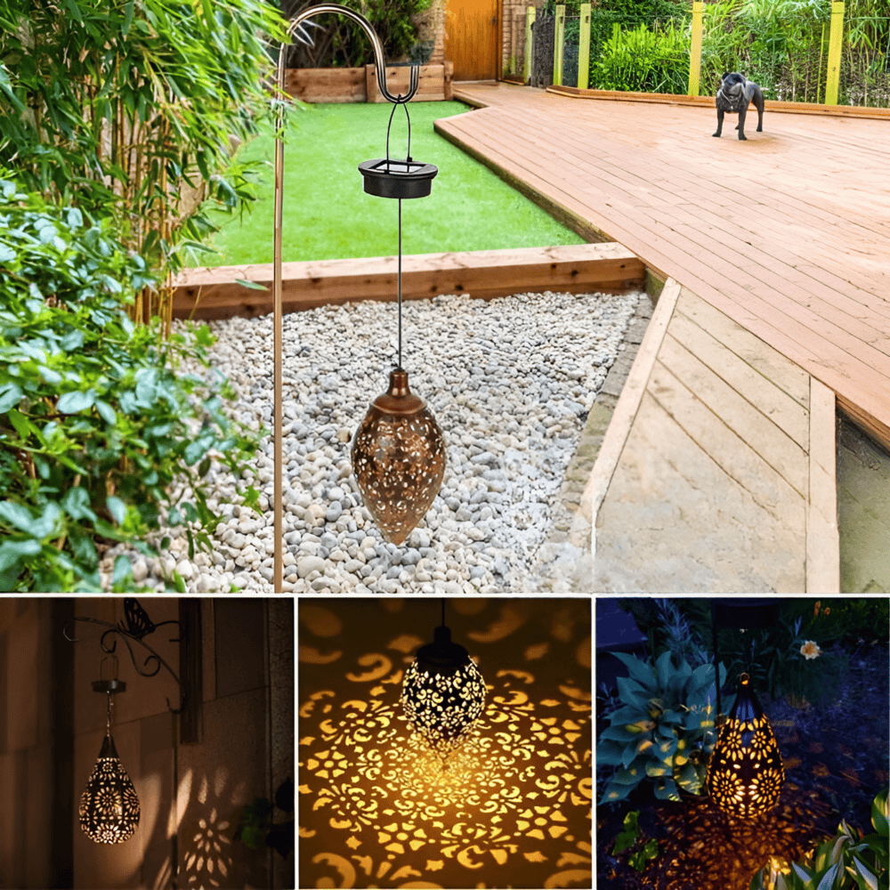 Belle lanterne de jardin solaire en métal noir, style ajouré, lumière LED douce pour extérieur.