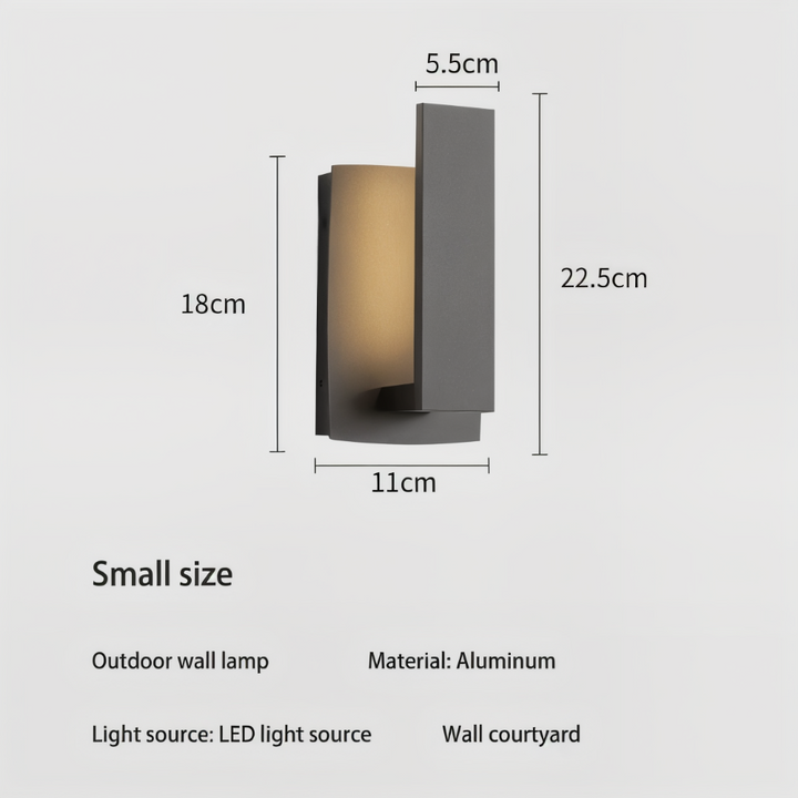 Applique murale extérieure LED, étanche, design moderne et minimaliste pour éclairage de jardin ou façade.