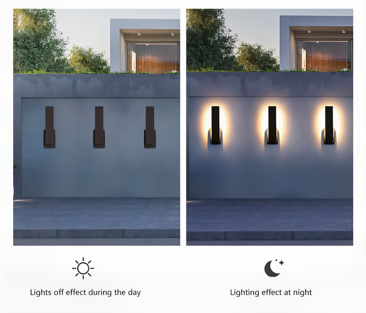 Éclairage façade LED, applique murale étanche, design scandinave minimaliste, crée une ambiance moderne.