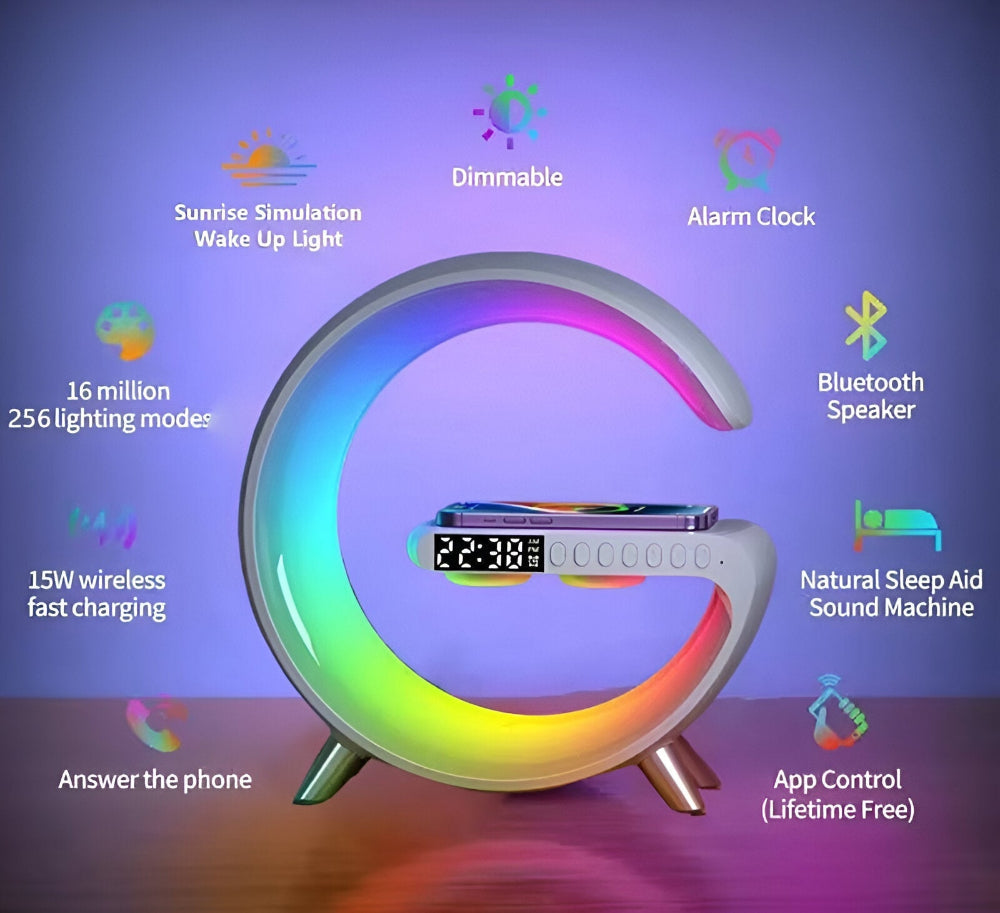 Lampe de chevet moderne avec veilleuse LED, chargeur sans fil Qi, enceinte et horloge numérique intégrées.