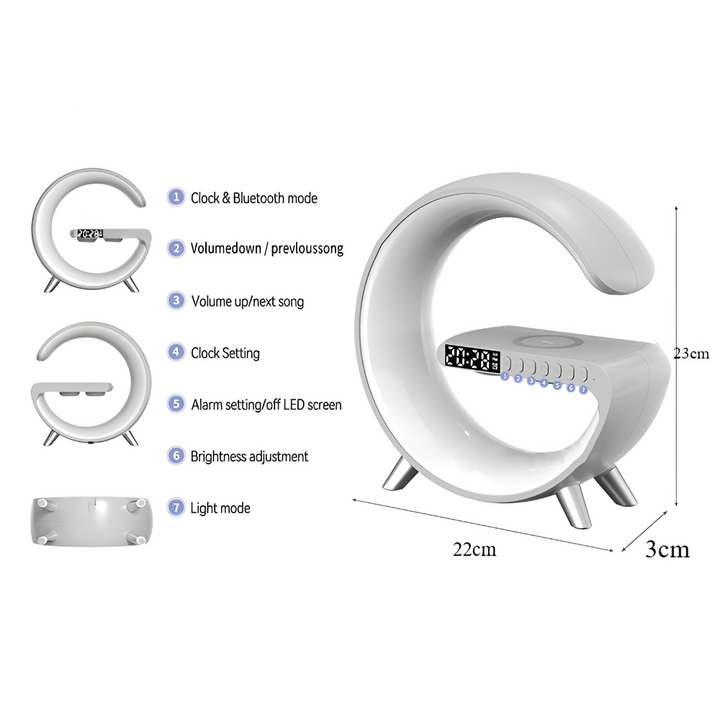 Lampe de nuit G élégante, chargeur sans fil, horloge numérique, et enceinte Bluetooth. Parfaite pour la décoration.