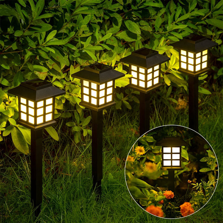 Lampe solaire LED moderne pour jardin, éclairage allée extérieur autonome, résistant intempéries.