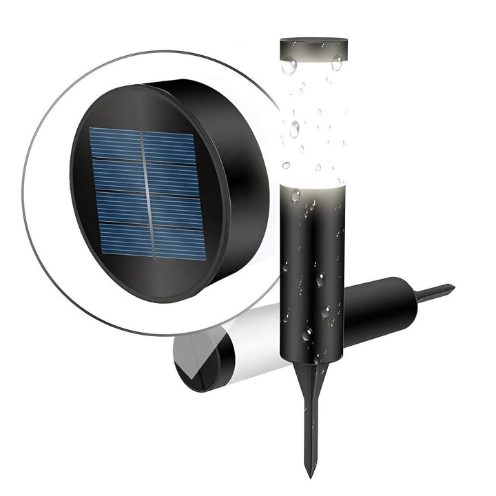 Potelet solaire acier inox avec détecteur crépusculaire, éclairage LED discret pour ambiance de jardin.