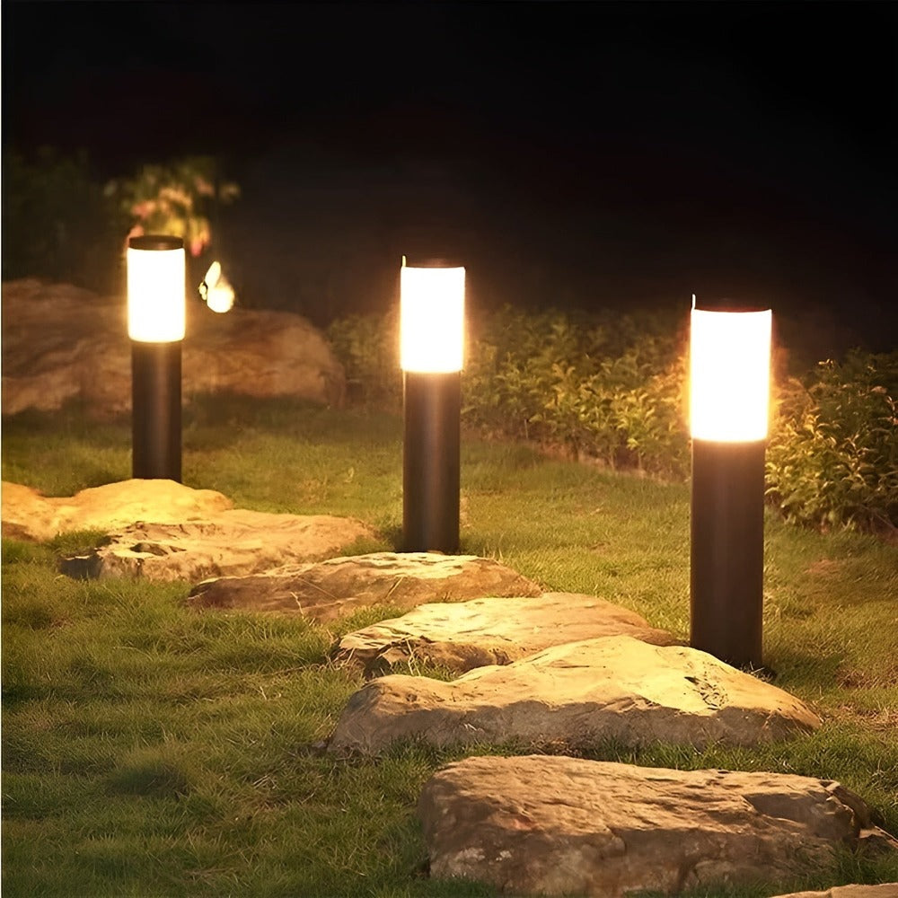 Éclairage jardin LED autonome, potelet solaire acier inox avec détecteur crépuscule pour allée.