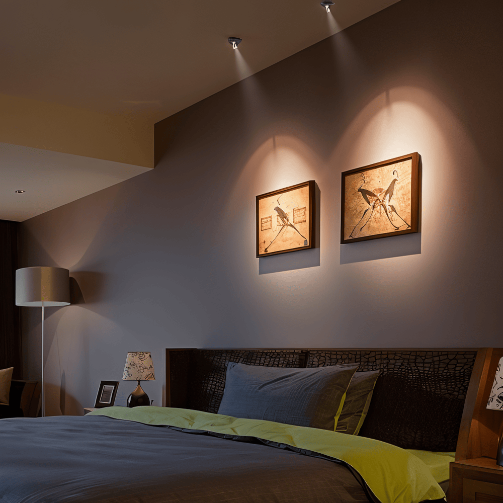 Spot LED mural à piles, mettant en valeur un tableau, contrôle dimmable à distance.