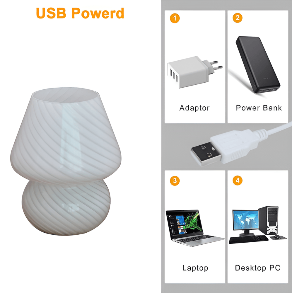 Lampe USB verre soufflé rayé, design champignon pour bureau ou chambre, pratique et stylée.
