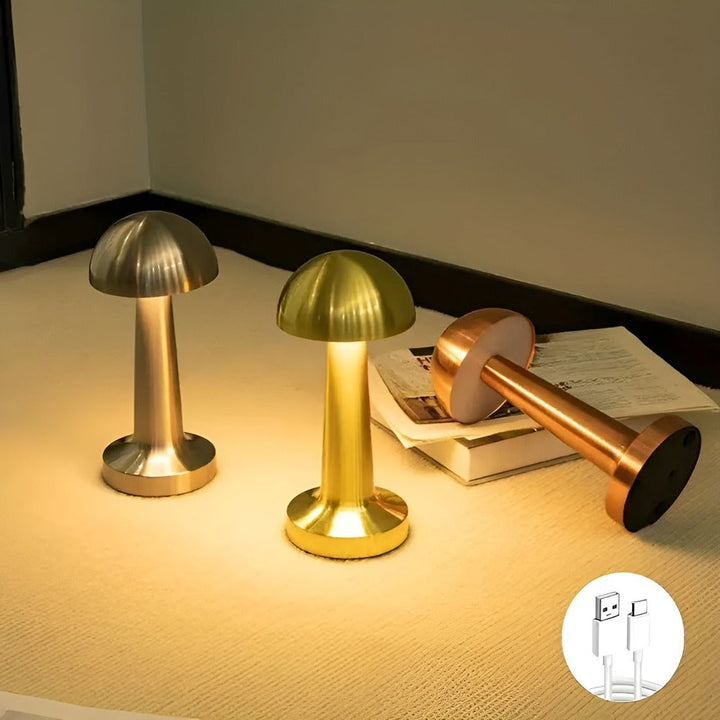 Lampe LED sans fil design champignon tactile. Éclairage de table moderne et rechargeable pour toute pièce.