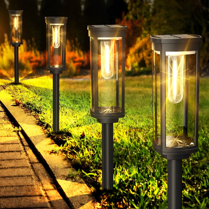 Éclairage solaire LED étanche IP65 pour jardin, crée une ambiance chaleureuse blanc chaud.
