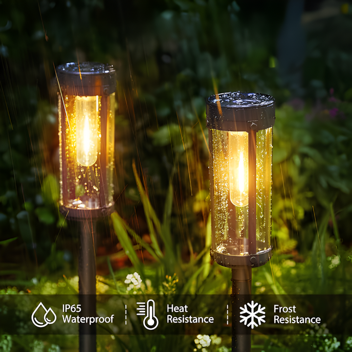 Décorez votre jardin avec cette lampe solaire LED blanc chaud, IP65 et autonome, facile à installer.