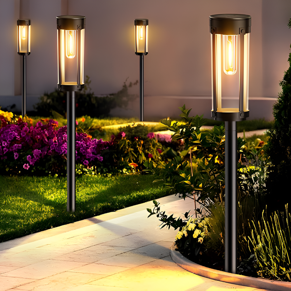 Lampe solaire LED IP65 blanc chaud pour jardin, éclairage extérieur autonome et décoratif.
