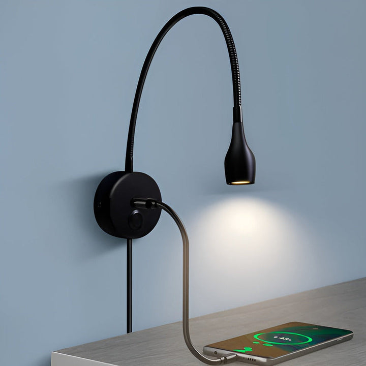 Lampe murale LED flexible col de cygne pour lecture, chargeur USB et commande tactile, idéale chambre/bureau.