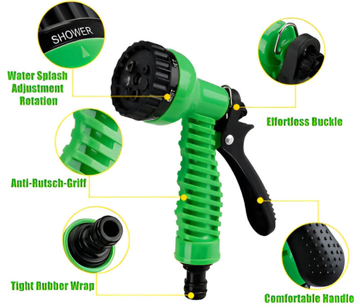 Tuyau d'arrosage vert, flexible, avec buse ergonomique pour toutes les tâches de jardinage.