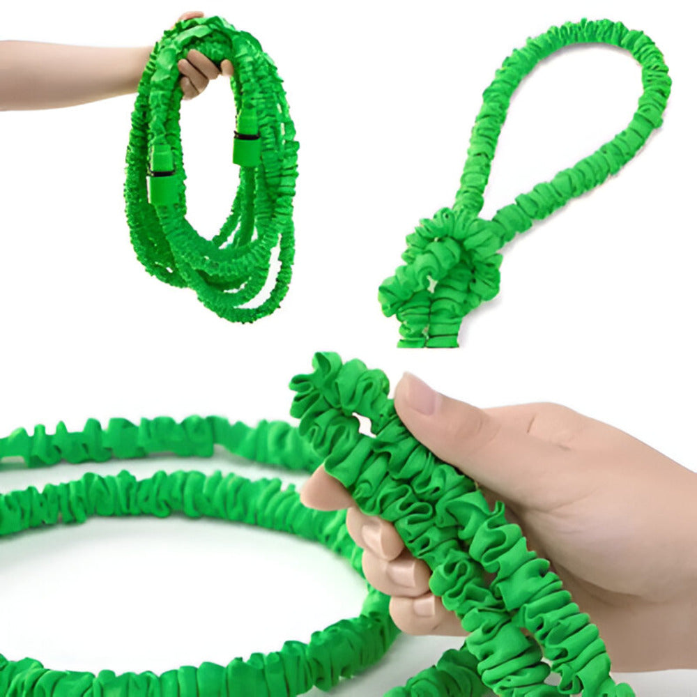 Équipement de jardin: tuyau extensible vert avec pistolet, arrosage optimal garanti.