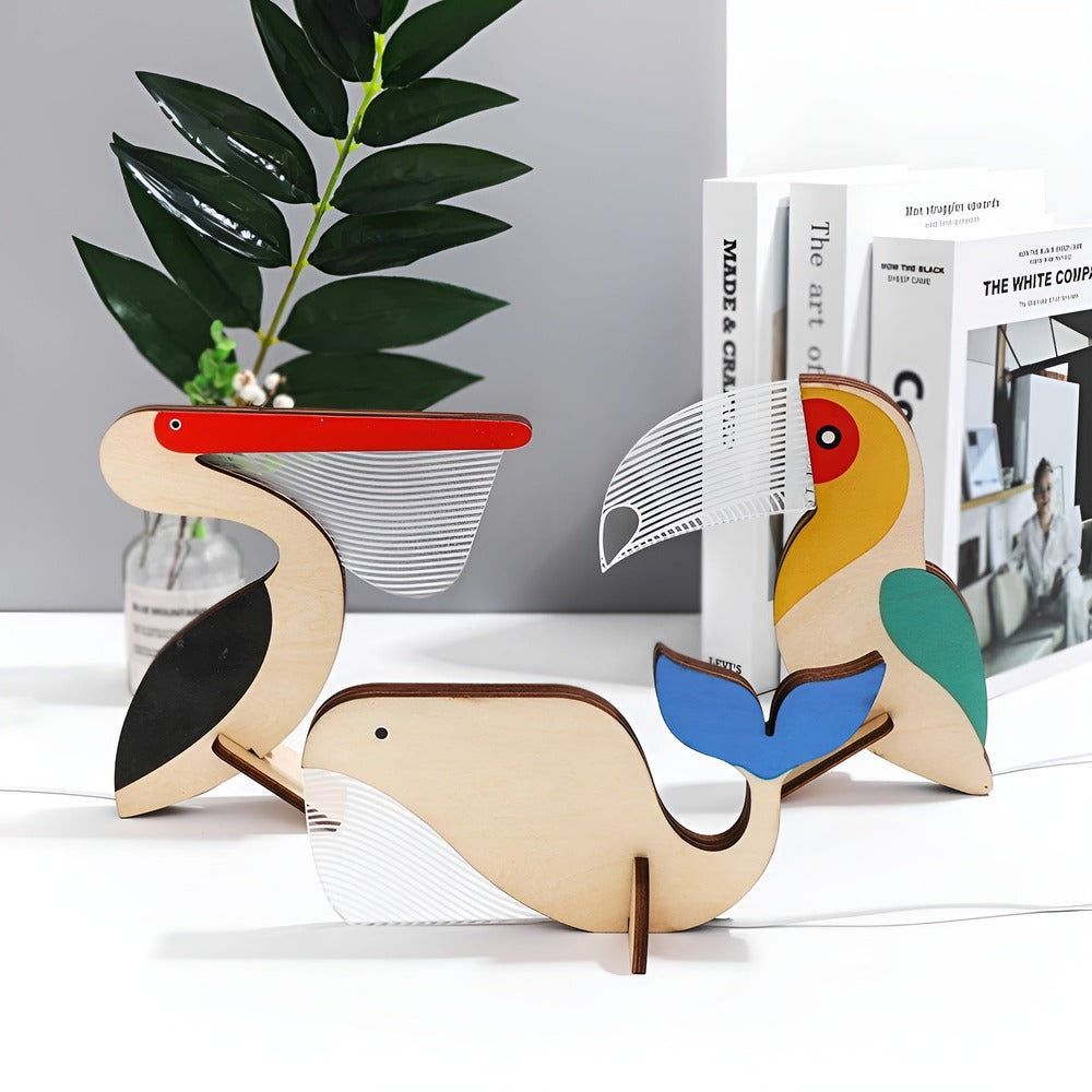 Élégante lampe chevet LED animaux pour chambre d'enfant, design en bois et acrylique, veilleuse apaisante.