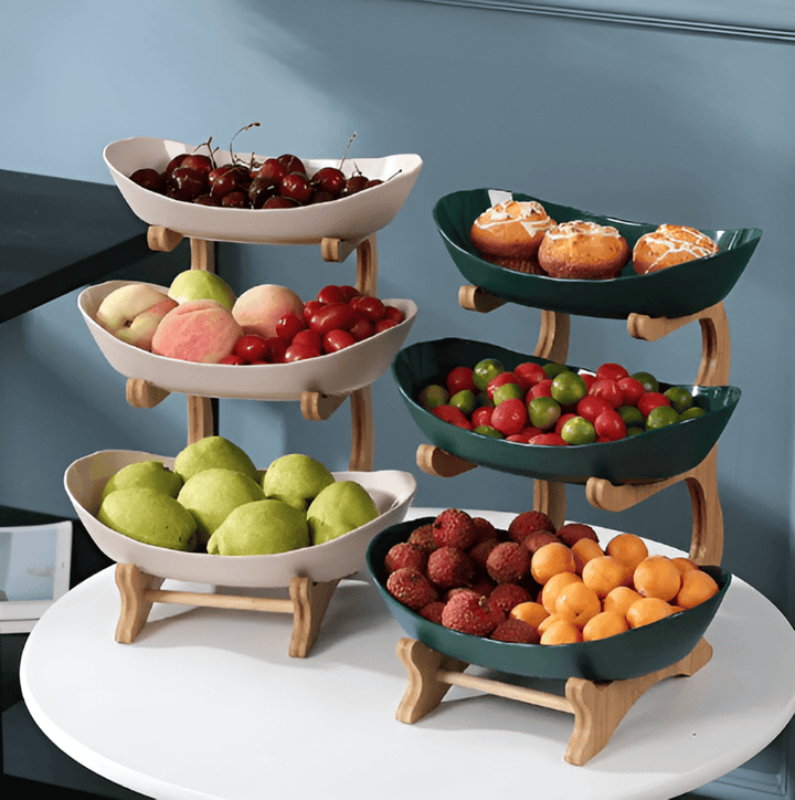 Support à niveaux contemporain pour fruits. Accessoire de décoration cuisine minimaliste beige.