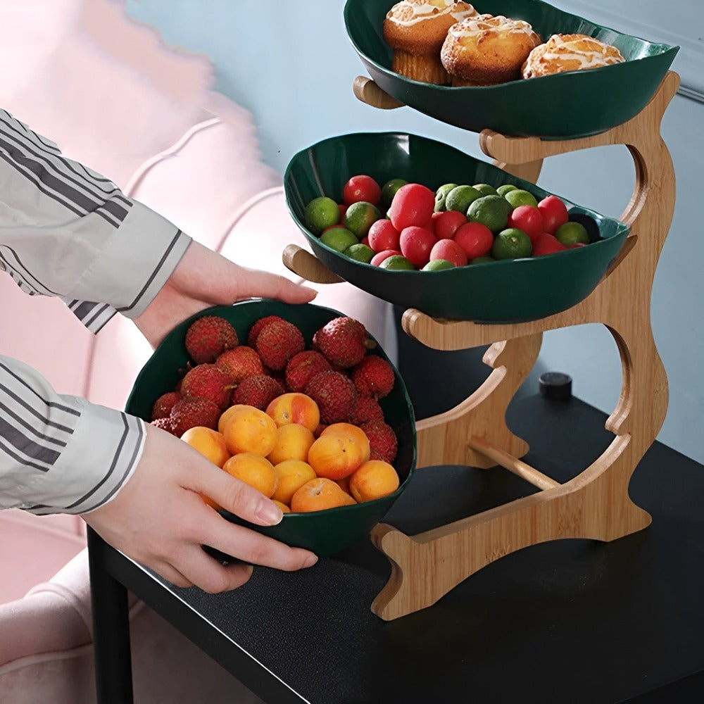 Bol à fruits moderne multi-niveaux pour cuisine. Design minimaliste blanc, idéal pour organiser les fruits frais.