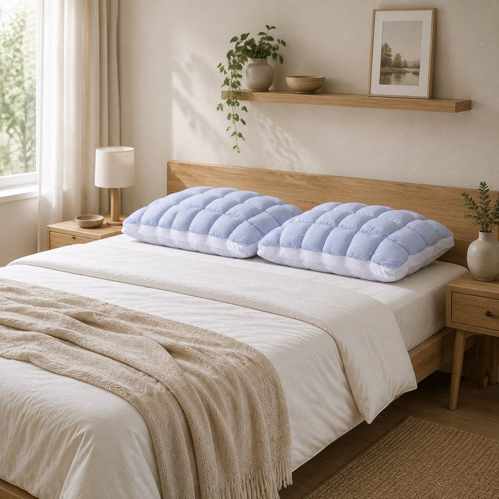 Gros plan sur un oreiller de lit en polyester coton doux, parfait pour une chambre confortable. Accessoire lit.