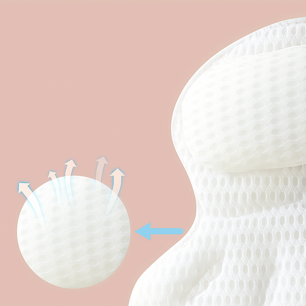 Oreiller de bain ergonomique, respirant et hypoallergénique. Soutien confort pour nuque et dos, lavable pour hygiène.