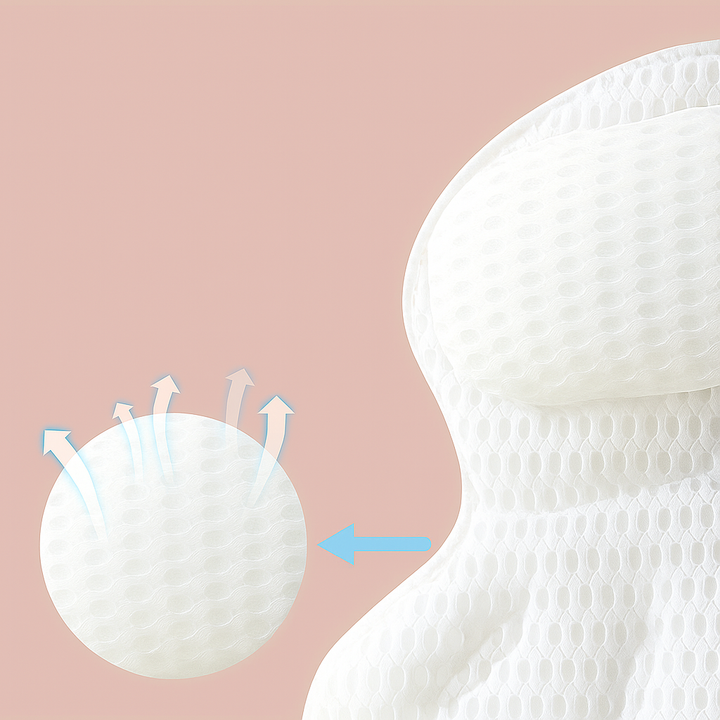 Oreiller de bain ergonomique, respirant et hypoallergénique. Soutien confort pour nuque et dos, lavable pour hygiène.