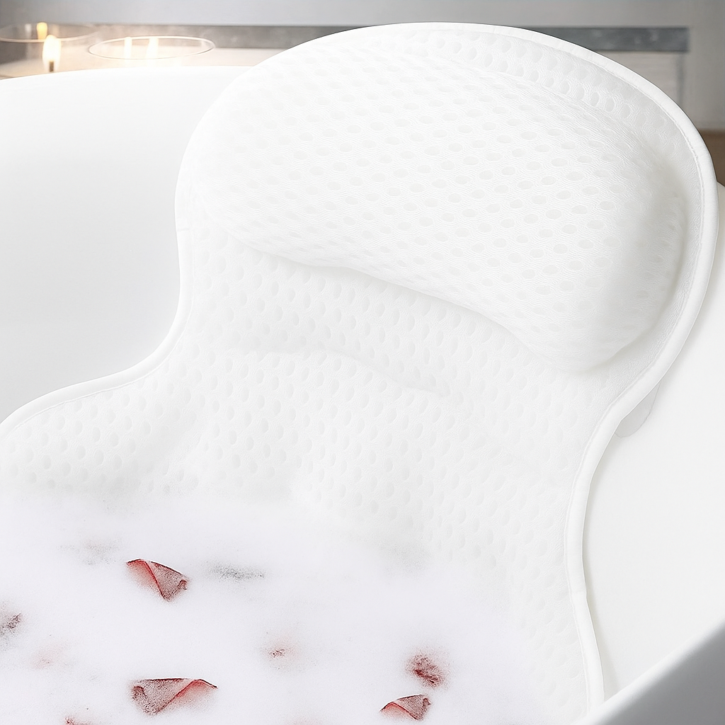 Oreiller de bain respirant à séchage rapide, hypoallergénique, idéal pour détente dans la baignoire. Lavable en machine.
