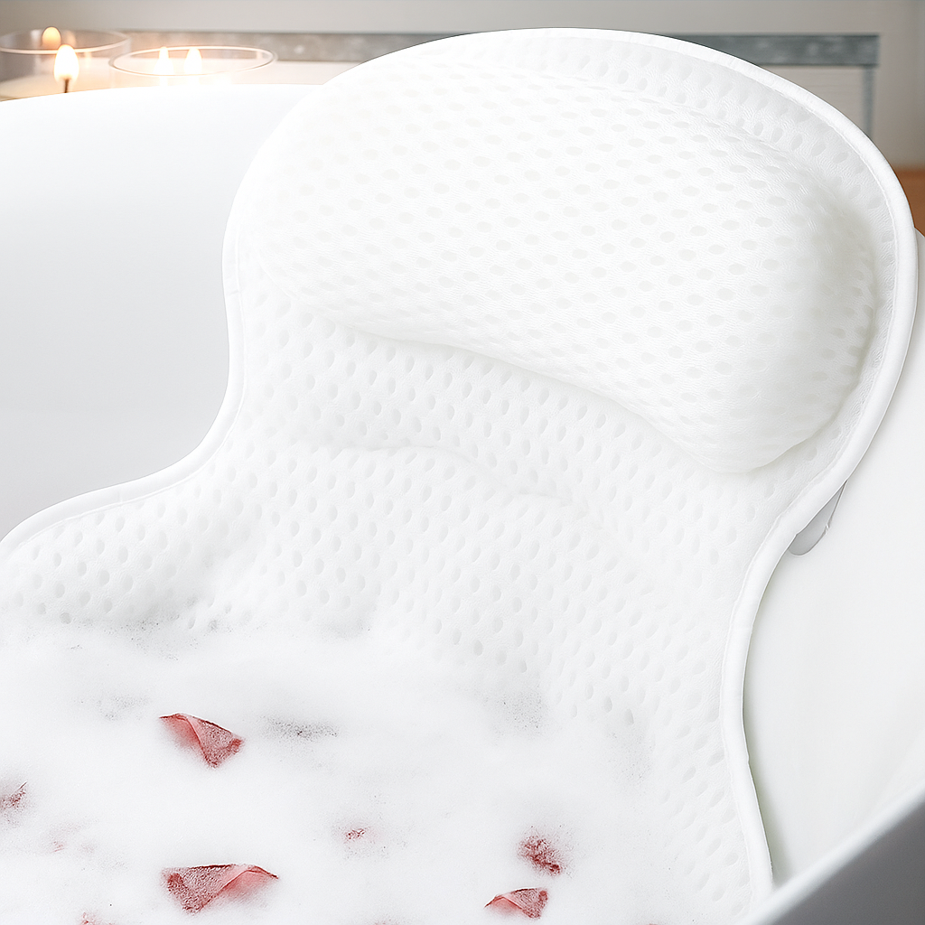 Accessoire de bain relaxant : oreiller ergonomique pour nuque et dos. Idéal pour soulager le stress et se détendre.