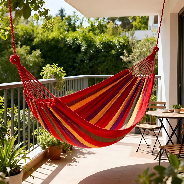 Hamac de voyage en coton respirant, idéal pour l'extérieur, camping et loisirs. Livré avec sac de transport.