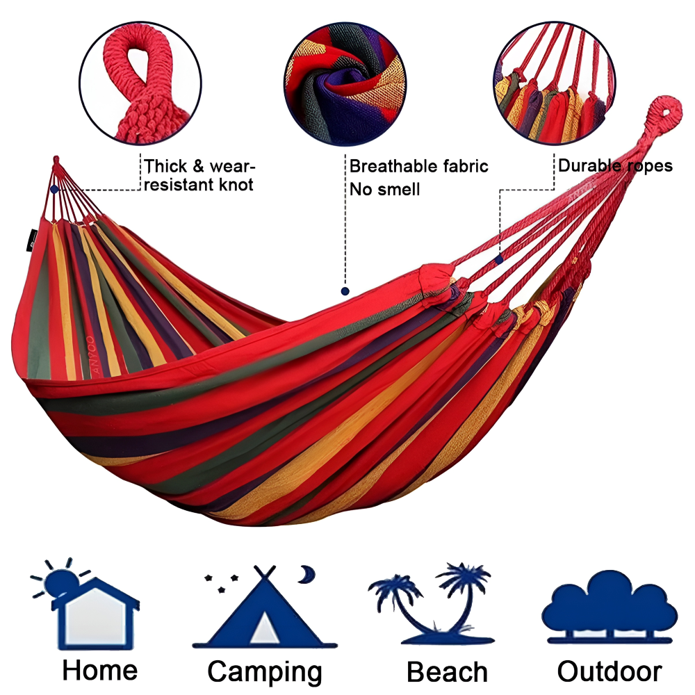 Hamac d'extérieur en coton doux et respirant, parfait pour le camping et la détente au jardin. Portable.