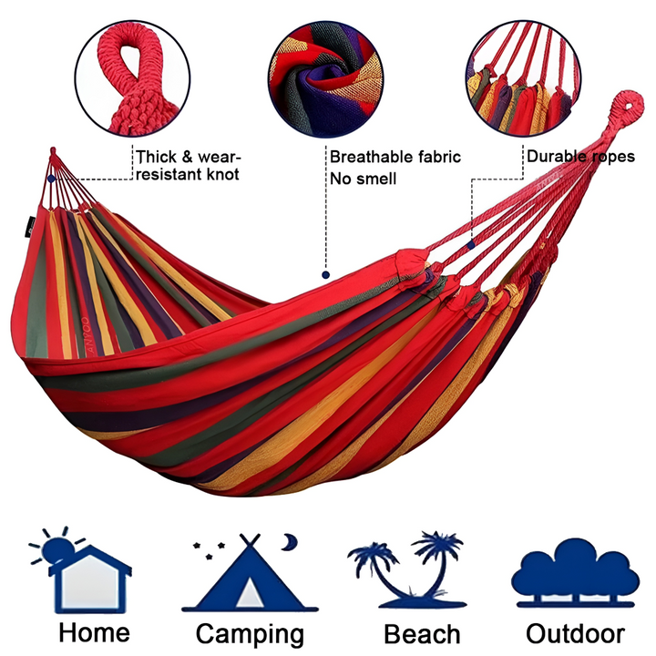 Hamac d'extérieur en coton doux et respirant, parfait pour le camping et la détente au jardin. Portable.