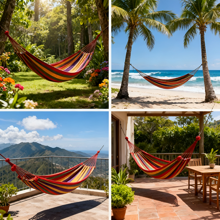 Hamac portable pour extérieur en coton, respirant, parfait pour camping, jardin, terrasse. Facile à monter.